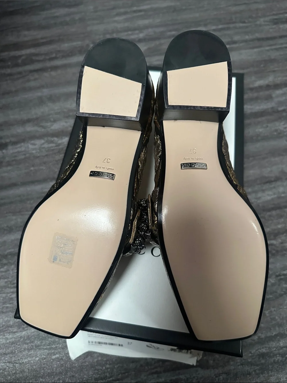 Gucci Gold & Black Embroidered Horsebit Loafers